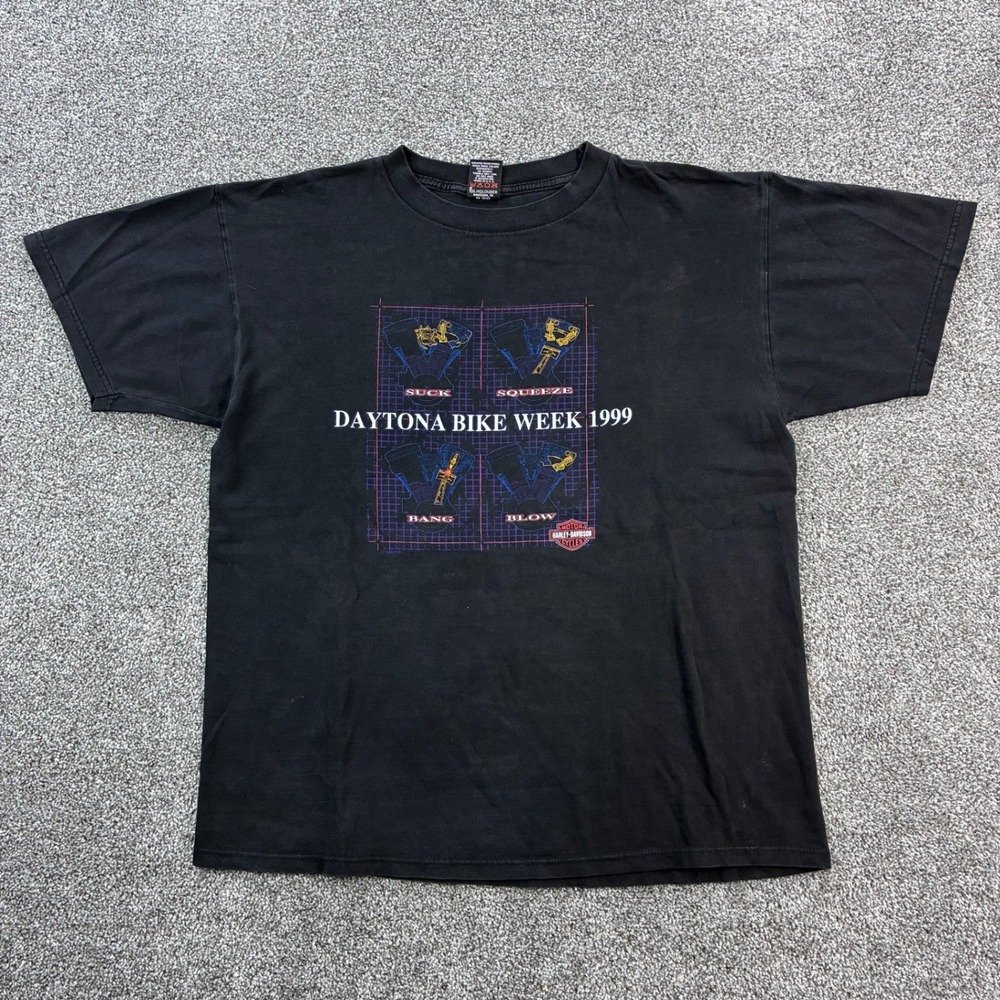 Vintage Harley Davidson Shirt Mens XL Black Suck Squeeze‎ Bang Blow Biker Engine